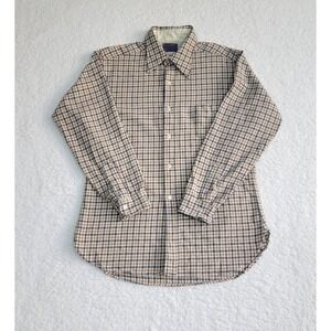 PENDLETON Mens Flannel Button Shirt Large Virgin Wool Brown Blue Plaid w Pocket